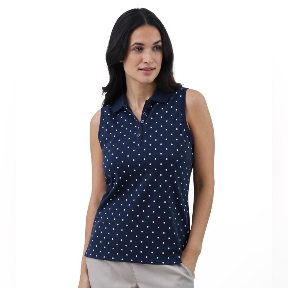 CHAPS Womens Sleeveless Polo Shirt Size XL Navy & White Polkadots New